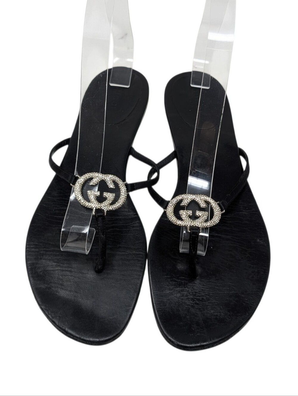Gucci Crystal Interlocking G Black Leather Thong Sandals Size 9.5